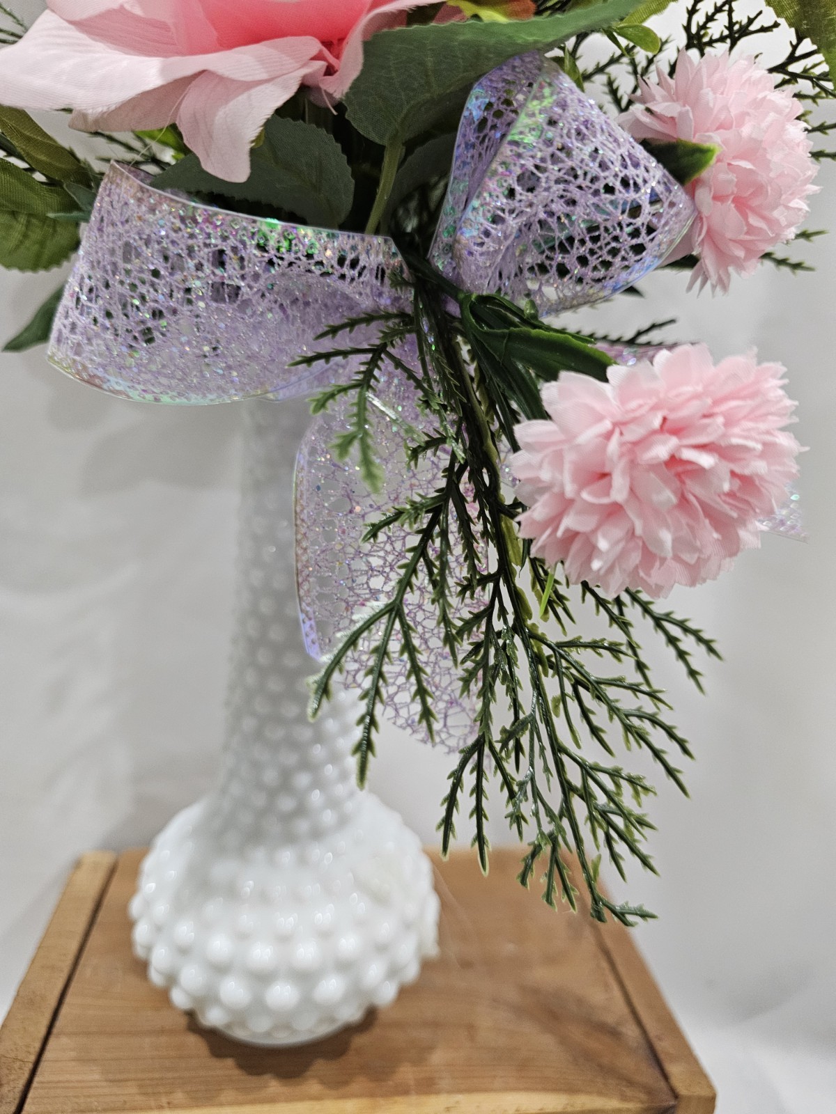 Artificial Pink Rose Flowers in beautiful Milkglass Hobnail Vase w/airy greenery
