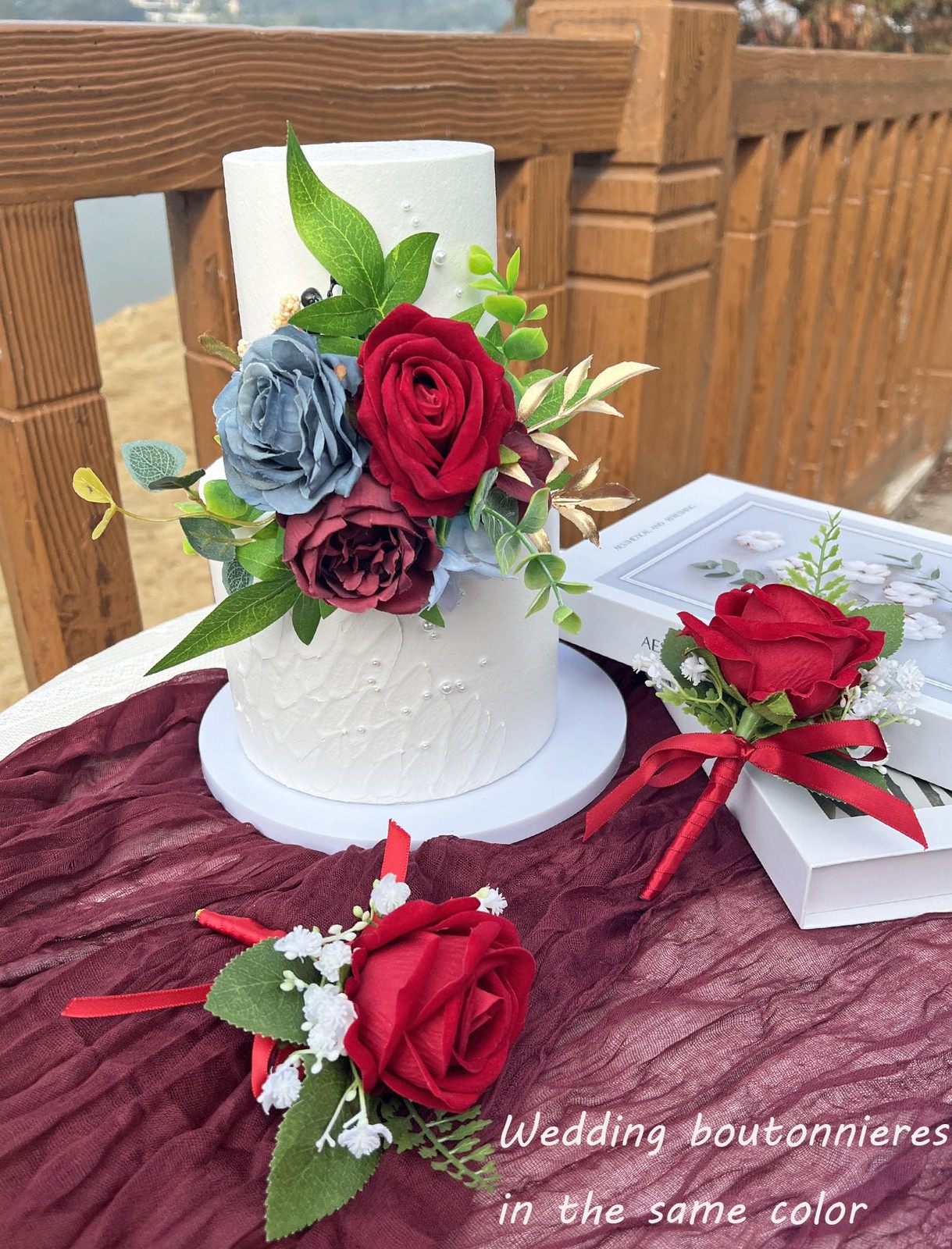 3 Pcs Wedding Cake Topper Set Artificial Flowers Decor Burgundy Navy Blue