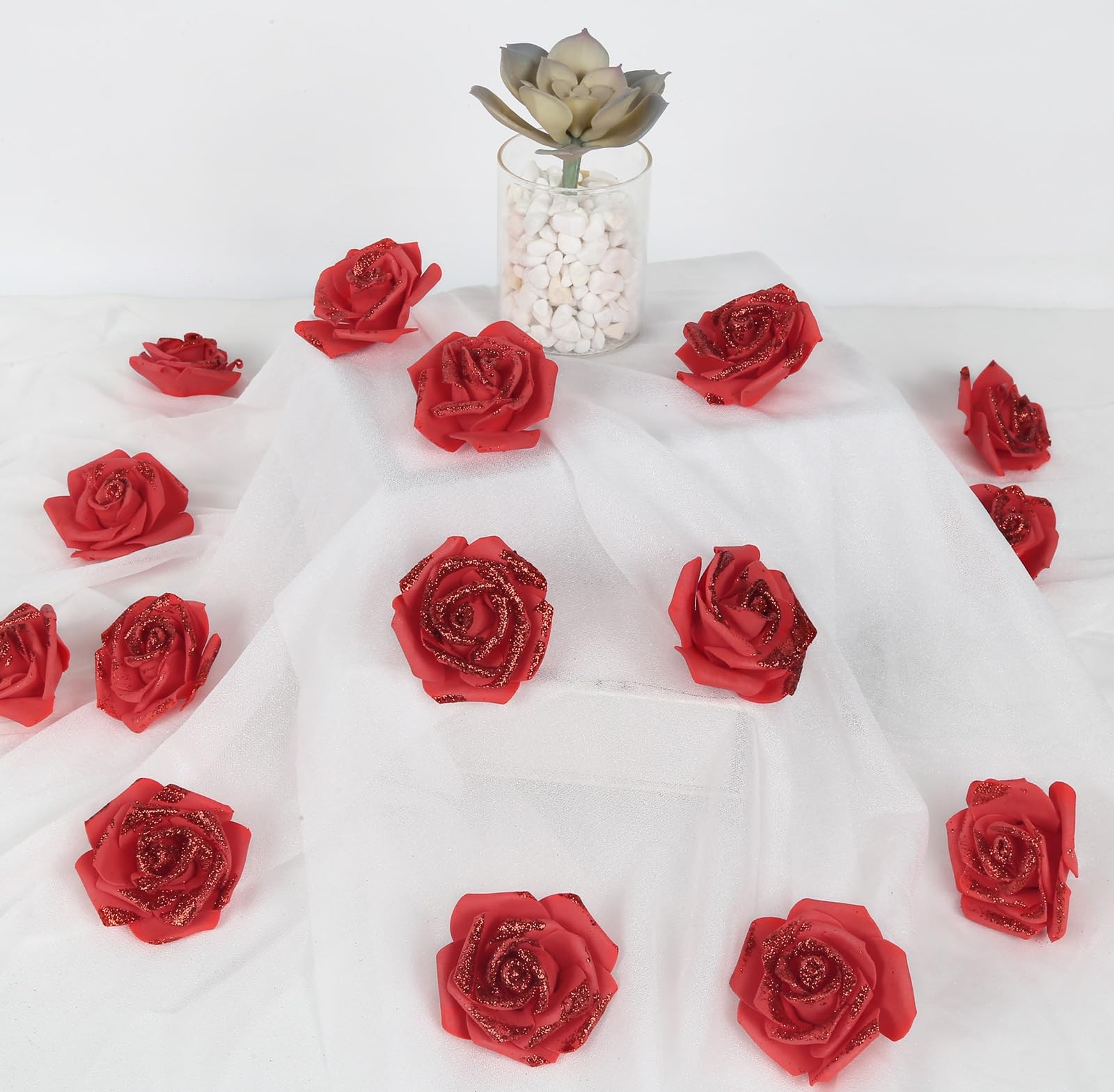 100 PCS 2.56″ Red Glitter Roses Artificial Foam Fake Flowers Bridal Shower
