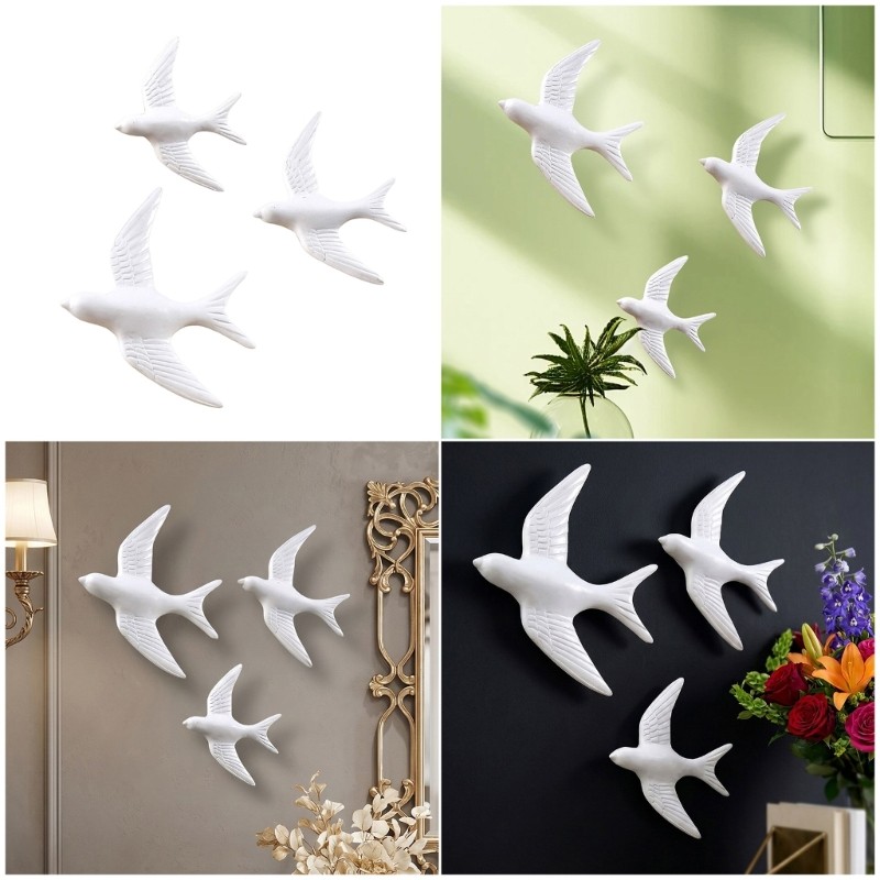 Pack of 3 White Bird Wall Set with 3 Mixed Size Birds for Indoor Wall Use
