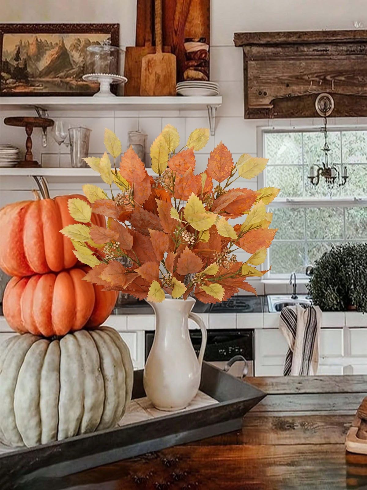 Artificial Fall Birch Leaves Stems – 2 Bundles Faux Autumn Foliage Arrangemen…
