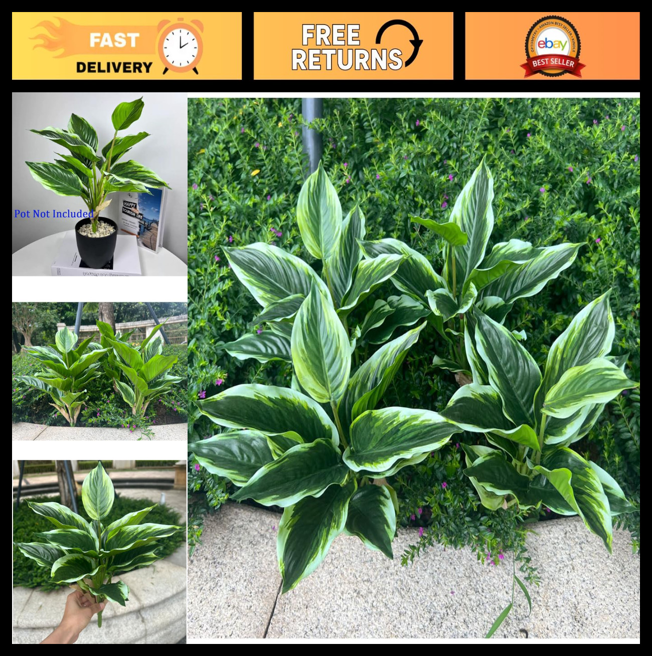 4 Bushes Perennial Hosta Faux Plant – 15.7″ Variegated Green Leaves, Tropical In