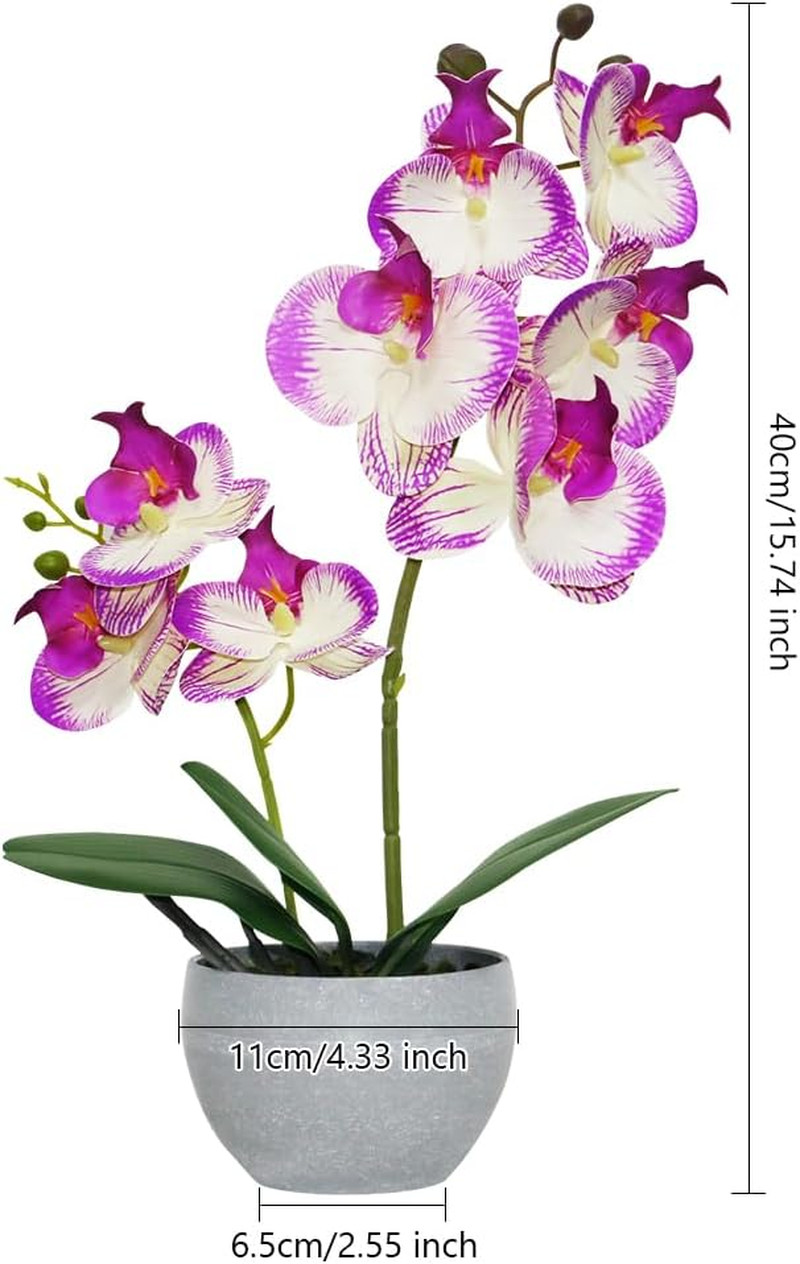 Purple Orchid Artificial Flowers 2 Stems in Grey Pot, Potted Faux Orchid Flower