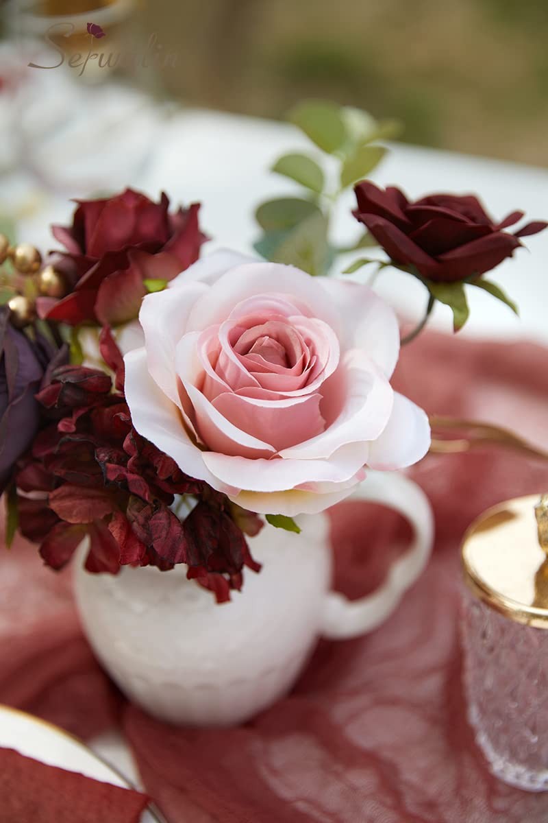 Burgundy, Pink Silk Fake Flowers, DIY Wedding, Deep Red, Cake, Bridal Bouquet