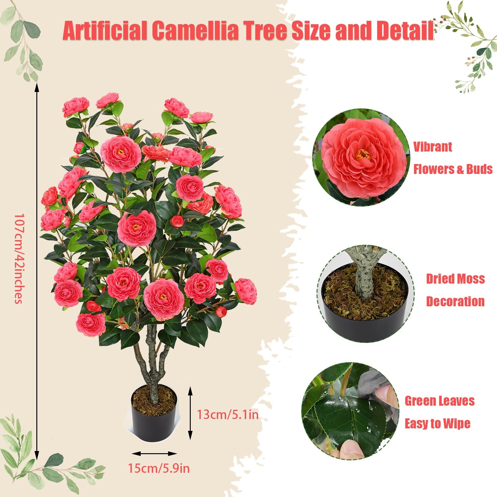 2 Pack 42″ Fake Tree Rose Pink Artificial Camellia Tree with 36 Blooming Flow…