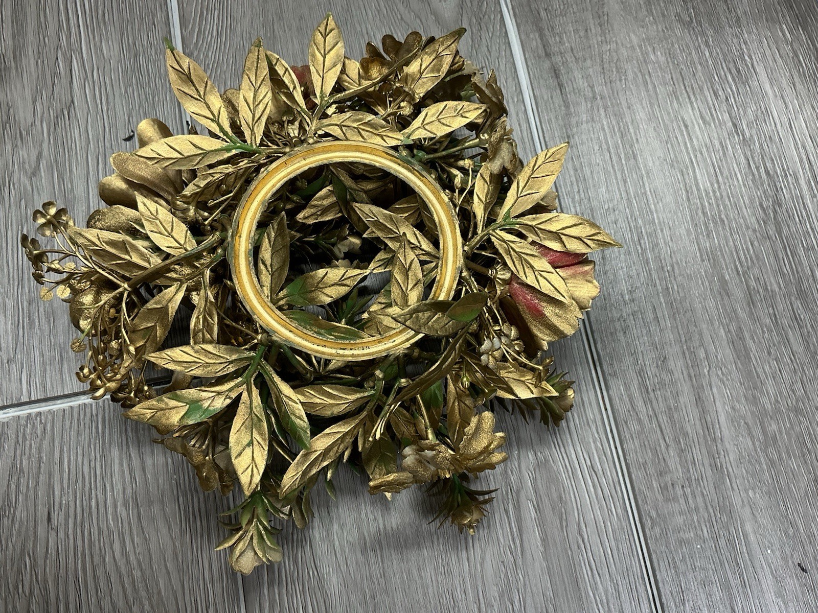 Vintage Pair 9″ Candle Ring Plastic Gold Greenery 3″ Pillar Centerpiece Chistmas