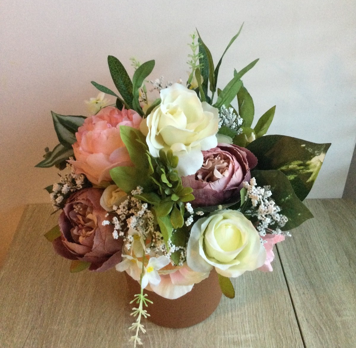 Faux Floral Arrangement in Plastic Pot 14″ Peony Rose Dahlia Pink Peach White