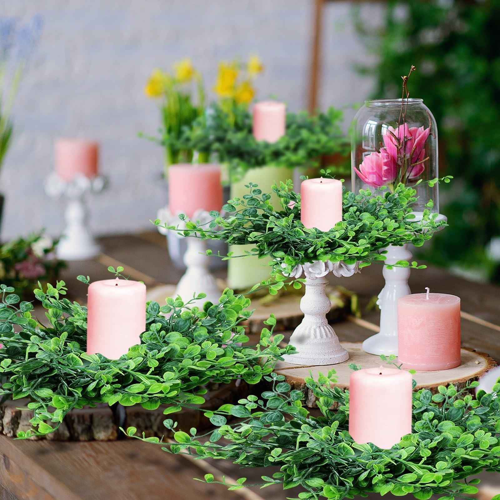 8 Pcs Mini Green Boxwood Candle Rings Wreaths Spring Summer Kitchen Cabinet Swag