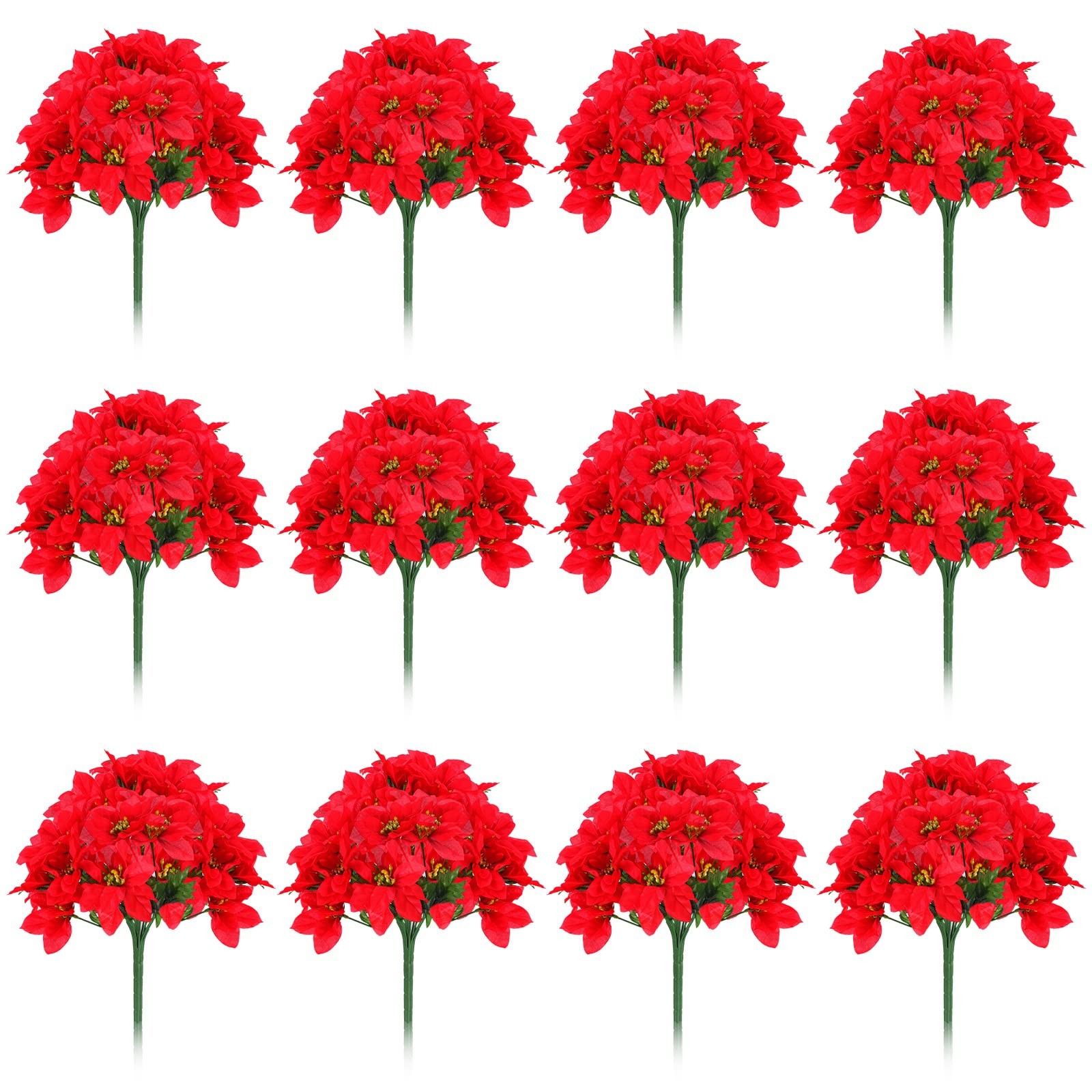 12 PCS 7 Heads Christmas Artificial Poinsettia Flowers Faux Silk Bush Red
