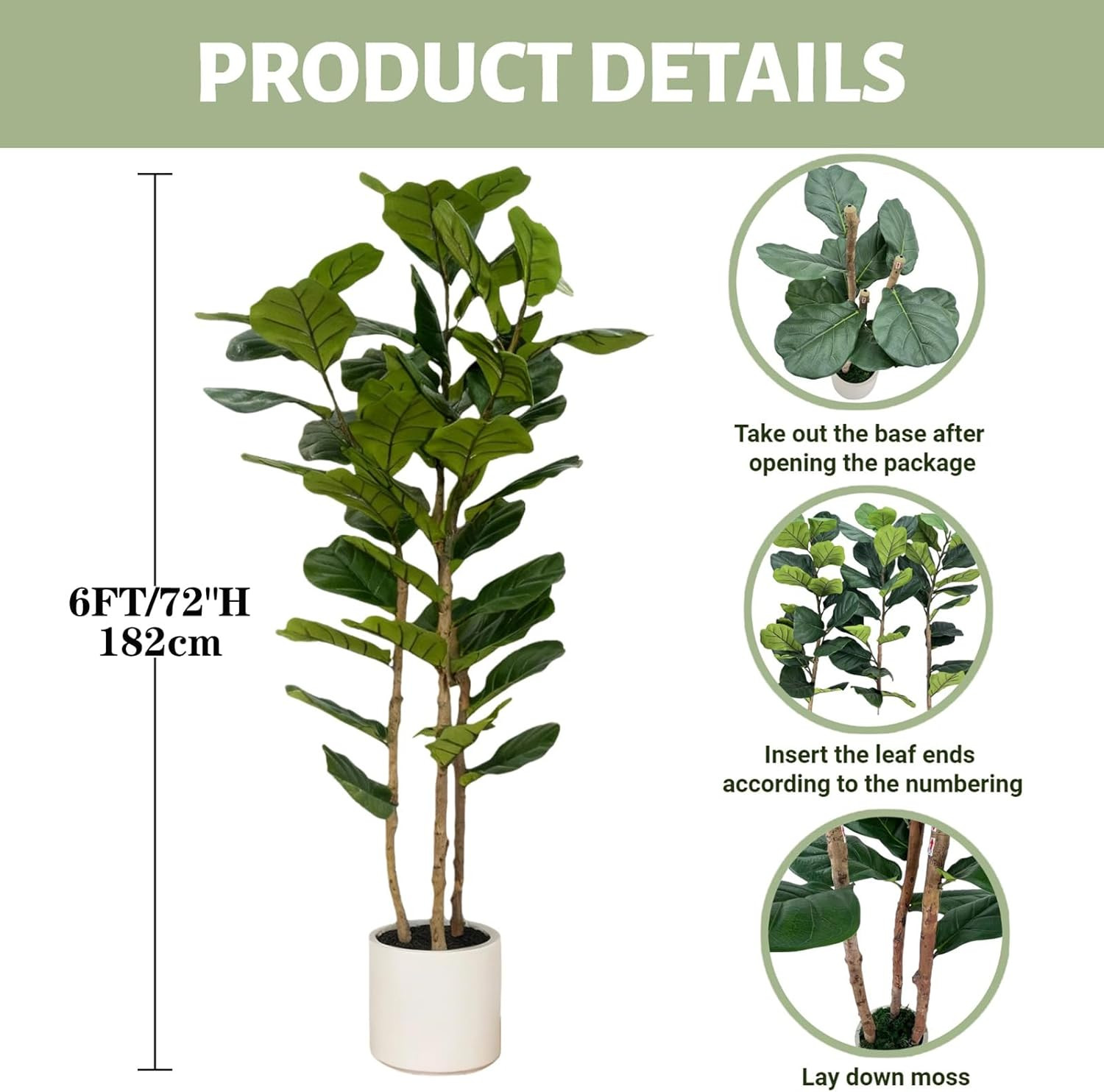 6FT Artificial Fiddle Leaf Fig Tree with White Planter – Faux Indoor Plant