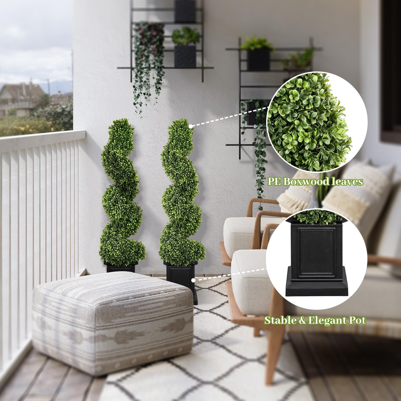 Boxwood Outdoor Topiary Set of 2, 3.5ft Tall Porch Trees, All-Year Green Fake…