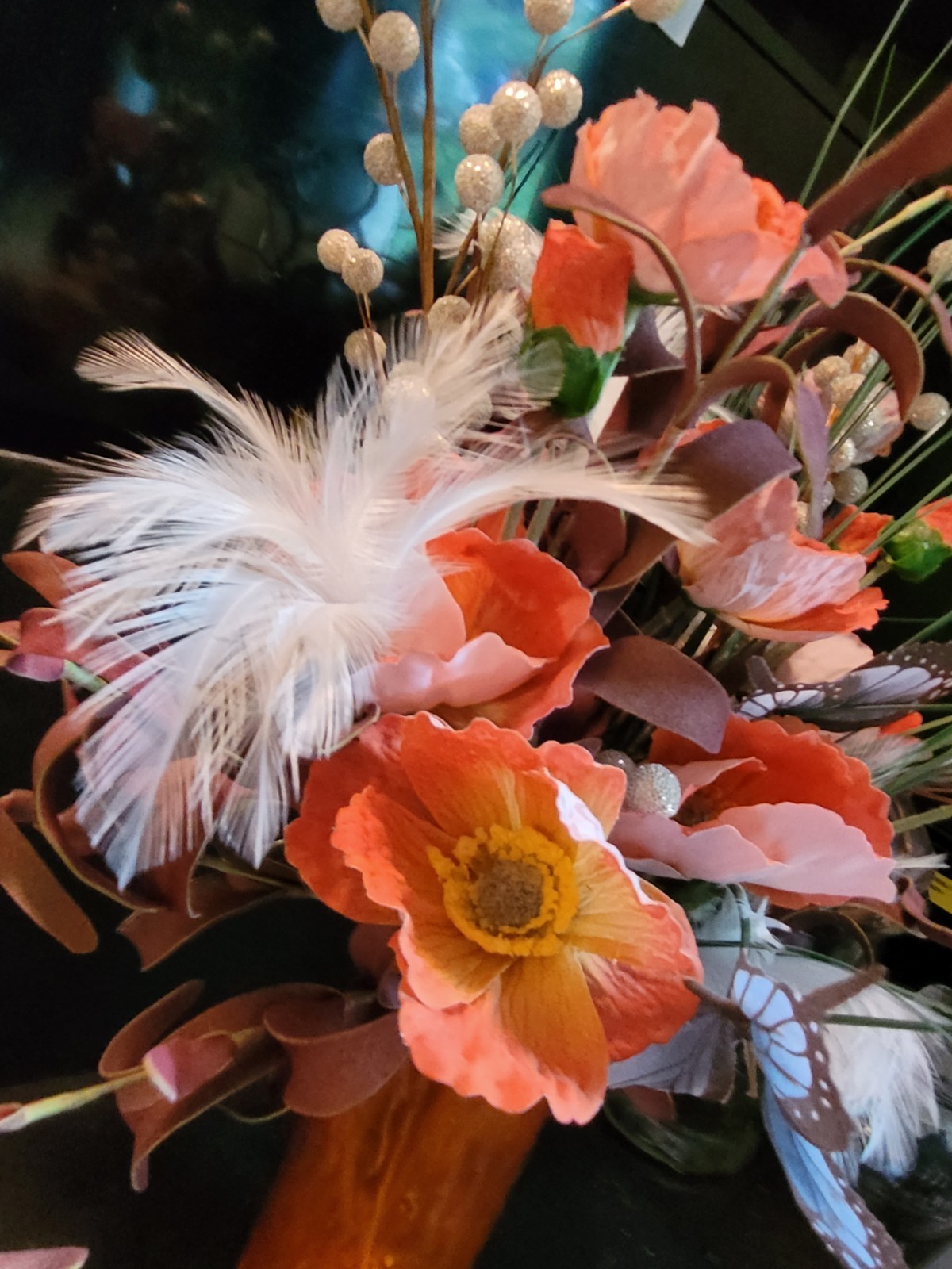 Artificial Poppy Flowers in Orange 8″Vase Butterfly,Feathers much More ,