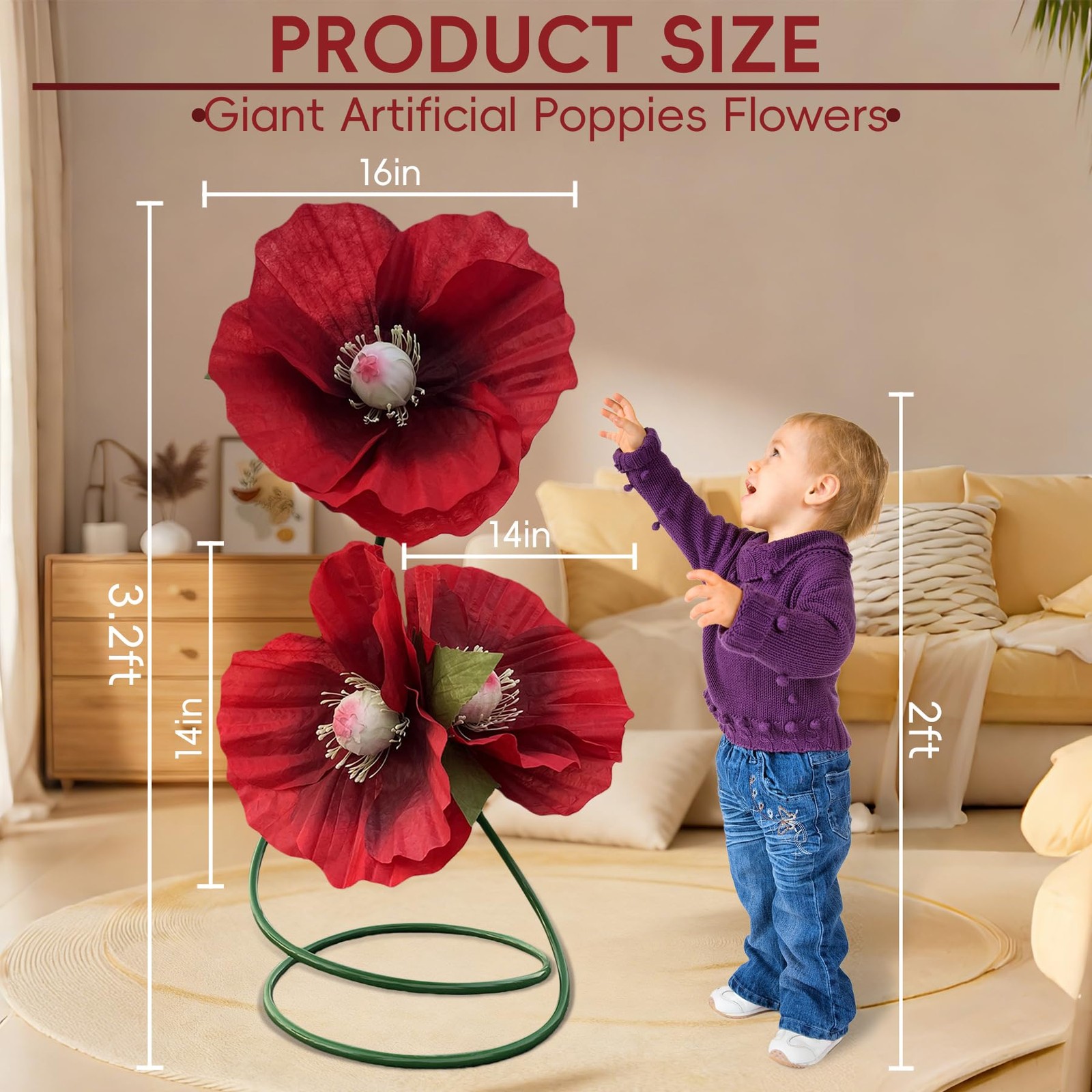 Giant Red Poppy Artificial Flowers – 3 Realistic Large Fake Flowers Decoratio…