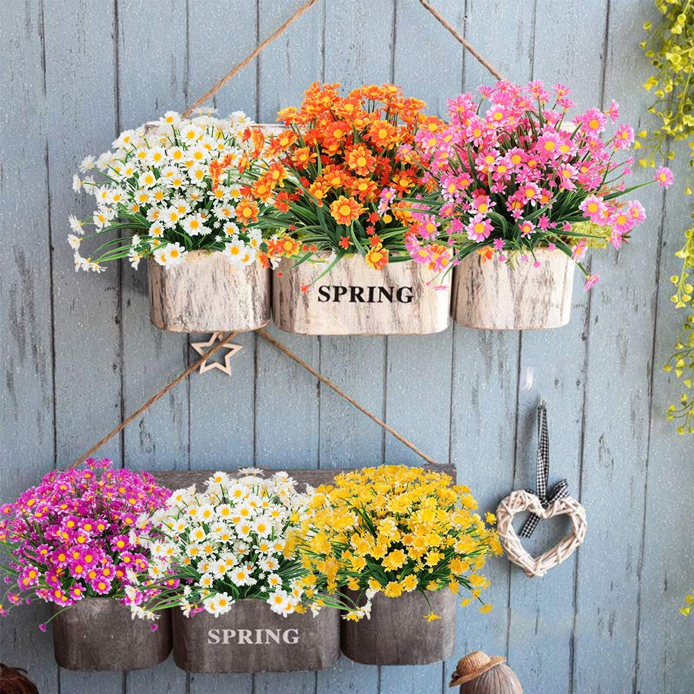UV Resistant Artificial Daisies 4 Bundles of Faux Flowers for Indoor &