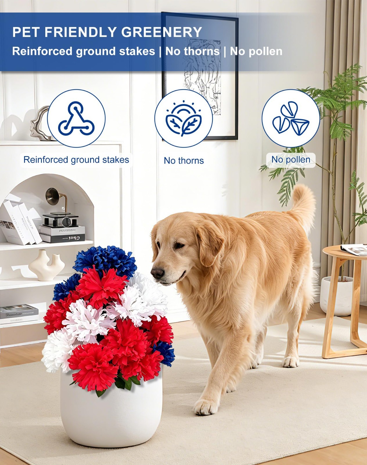 2 Pack 20″ Patriotic Red White Blue Artificial Flowers with Ground Stakes | UV R