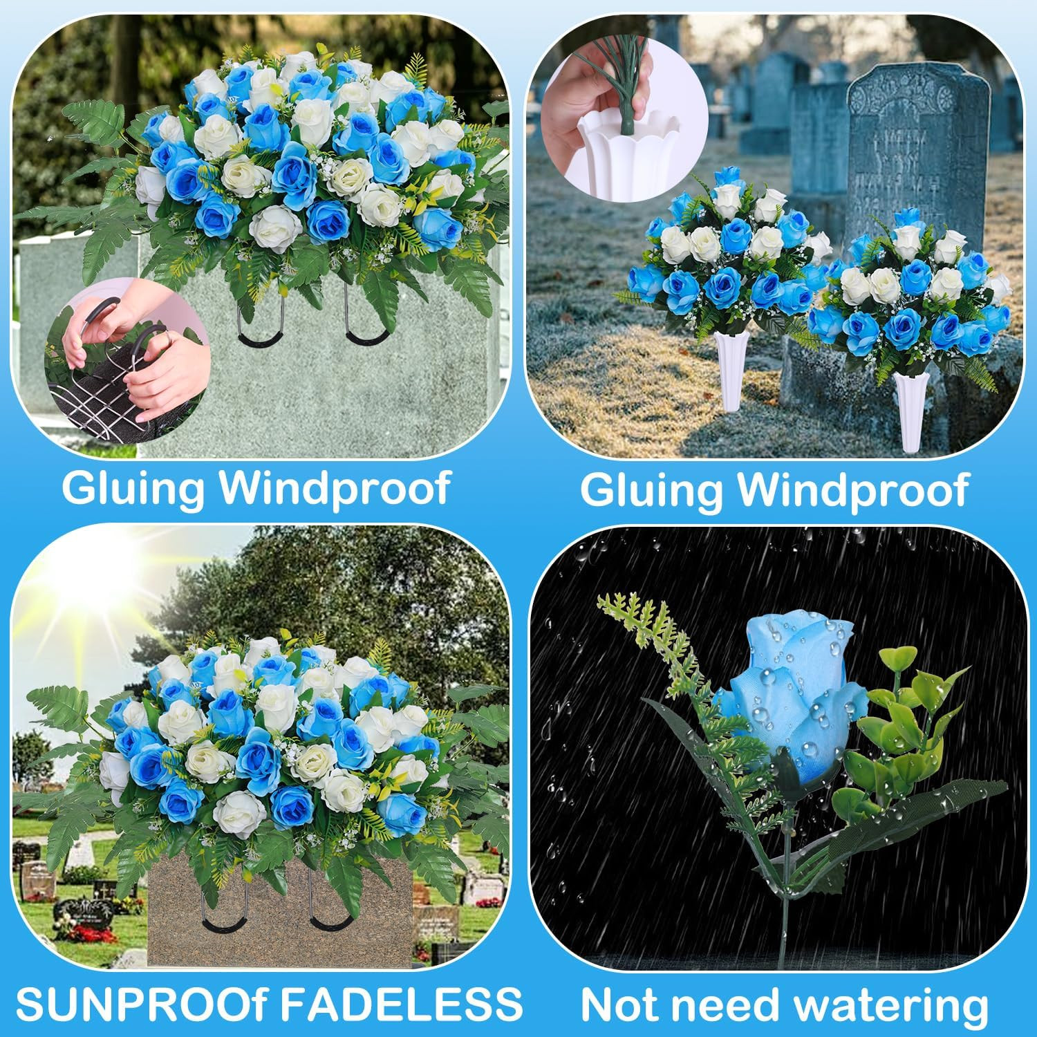 3 Pcs Blue White Cemetery Flower Saddles for Grave Memorial Decorations