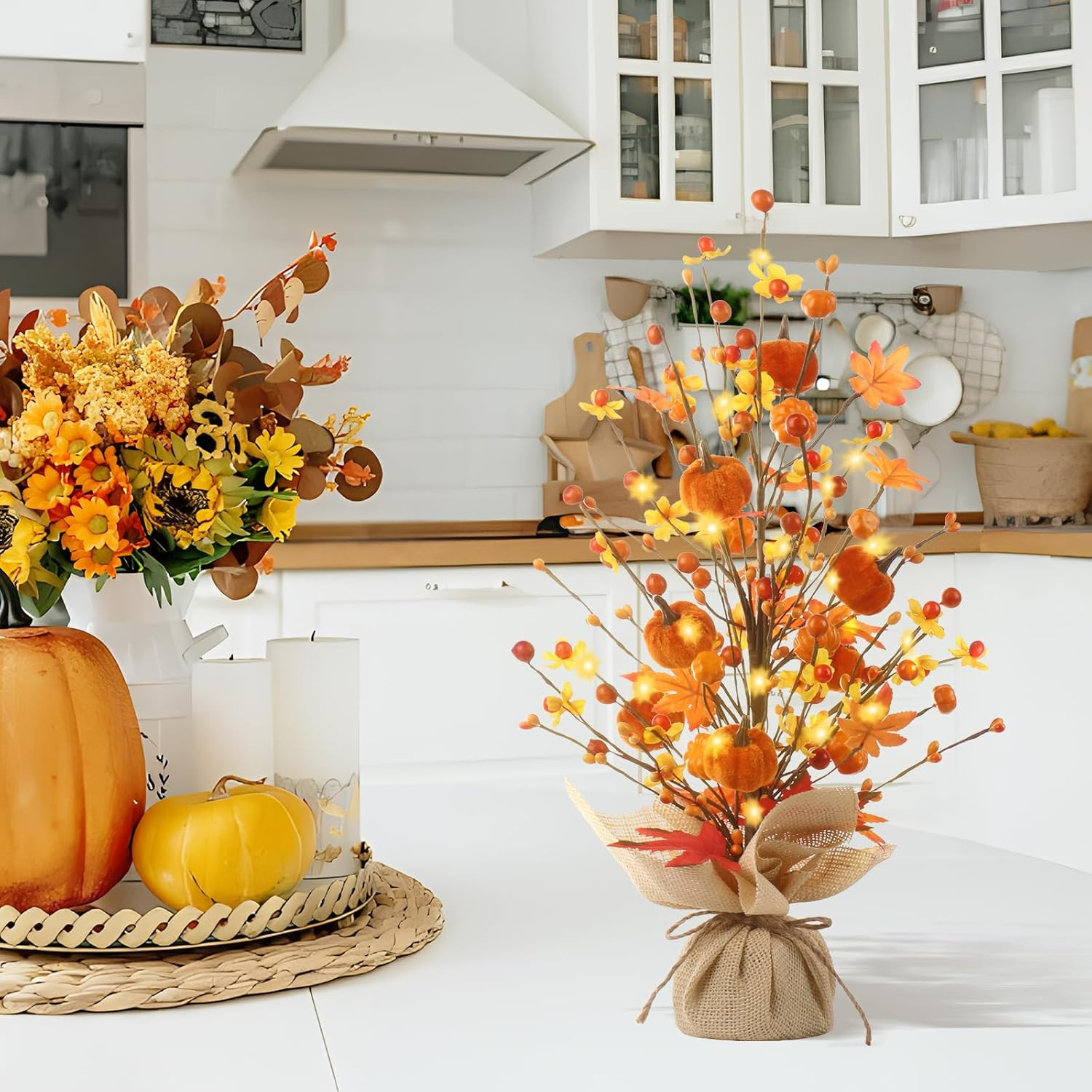 Fall Decor, 18 Inch Artificial Red Berry/Maple Leaf/Pumpkin Tree Tabletop Decora