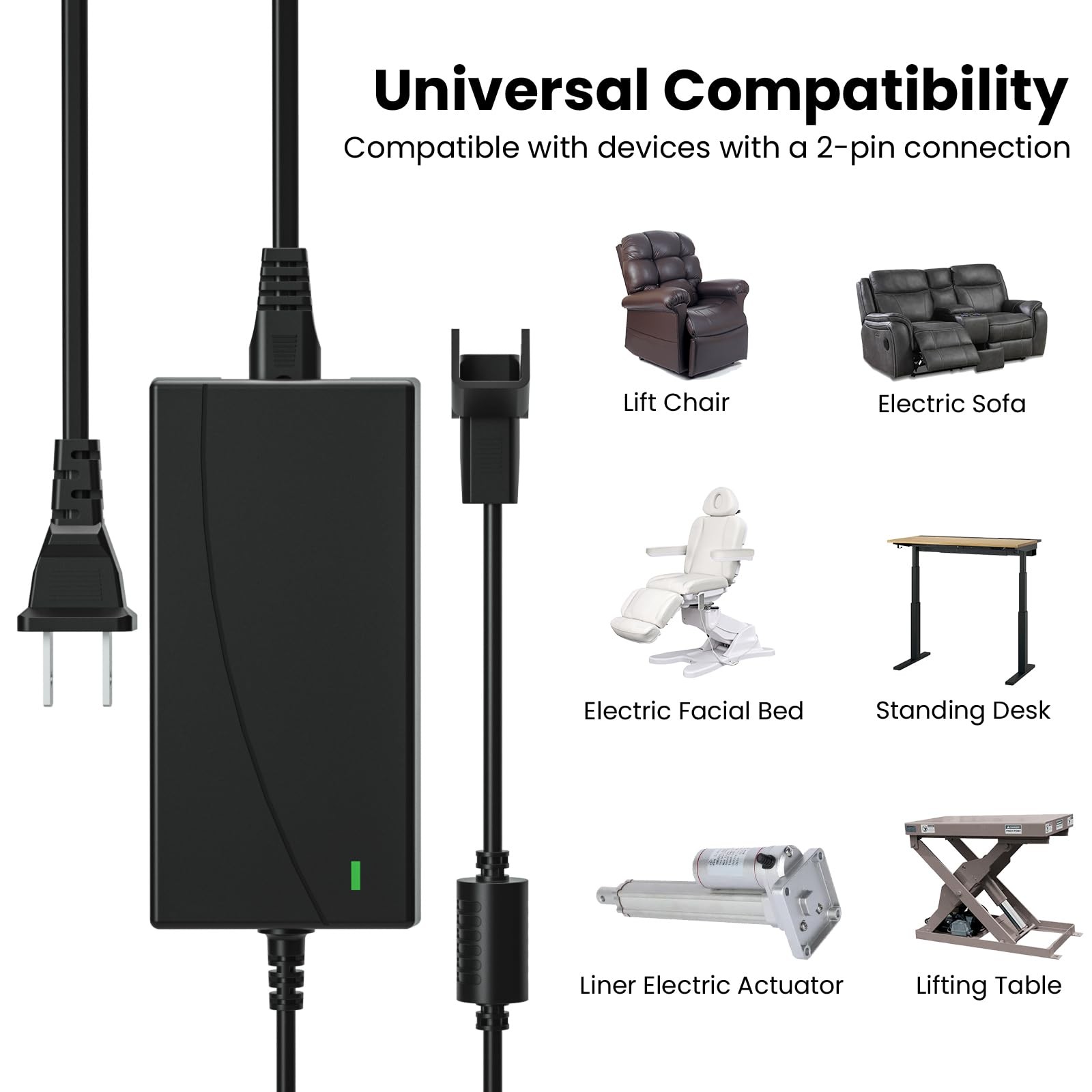 Universal Power Cord for Recliner Chair,29V 2A AC/DC BLACK