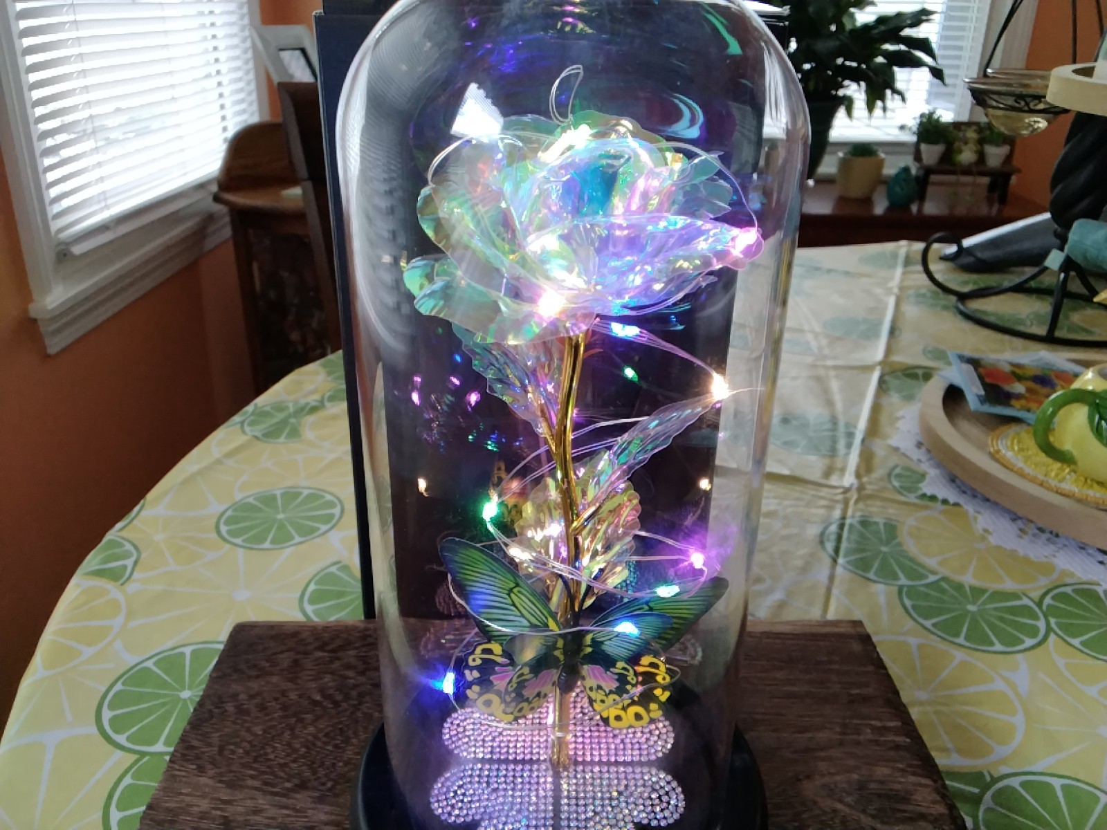 Love Forever Glass Dome With Irridescent Rose With Butterfly Battery Operated