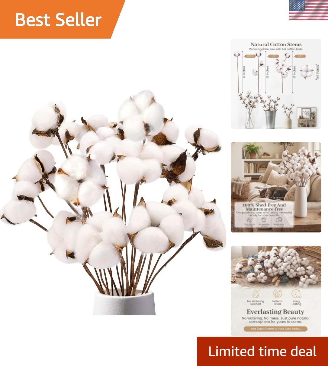 Cotton Stems 8 Packs with 15 Bolls, Natural Dried Flowers Cotton Sprigs for V…