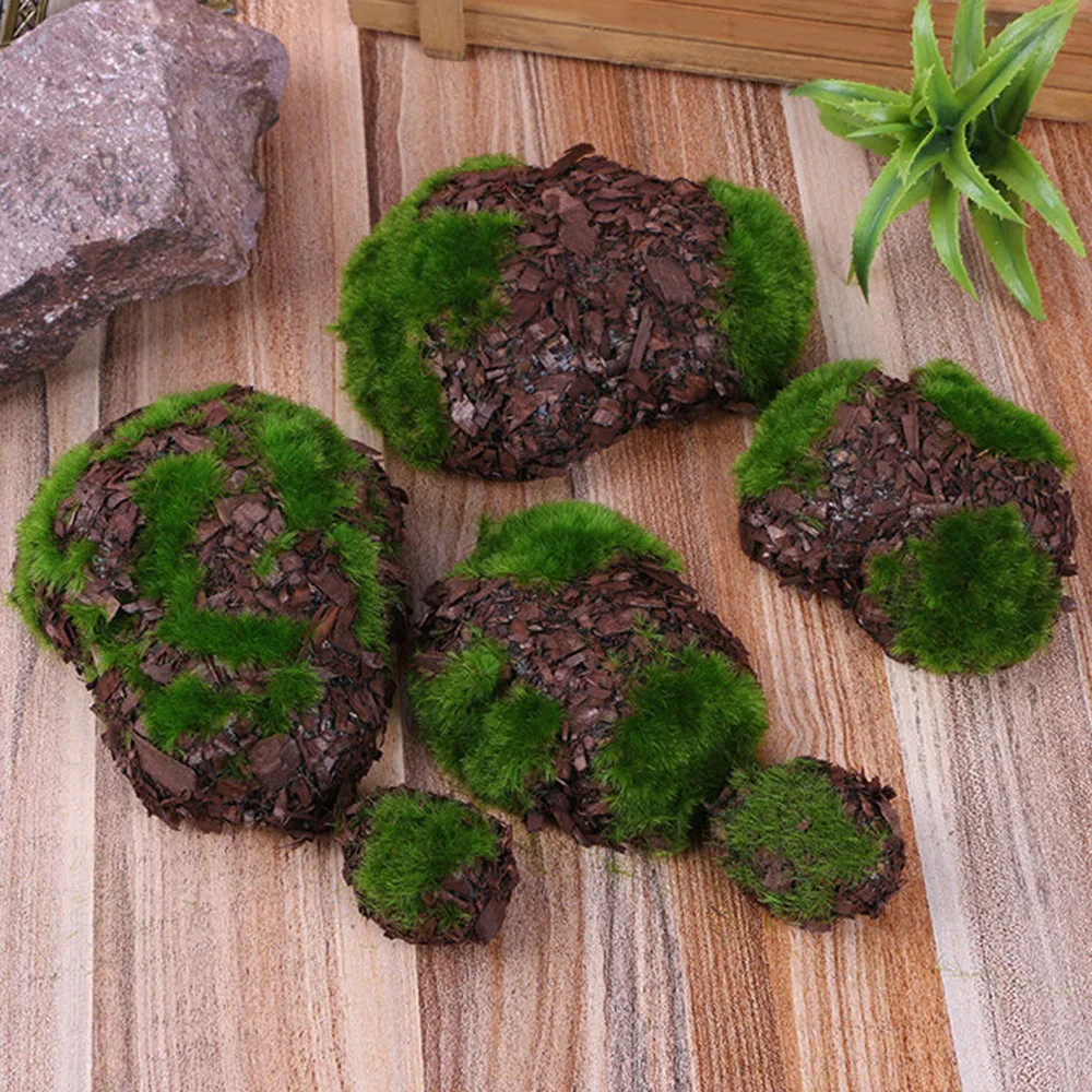6pcs/Pack Green Moss Stone Artificial Grass Wood Fake Rock Blocks Simulation