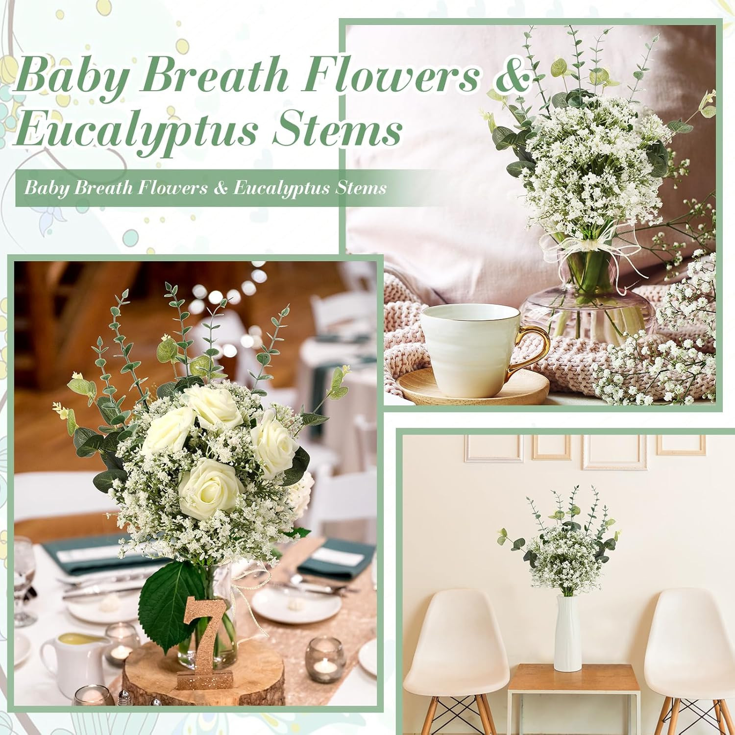 200 Pcs Artificial Baby’s Breath & Eucalyptus Stems for Wedding Decor