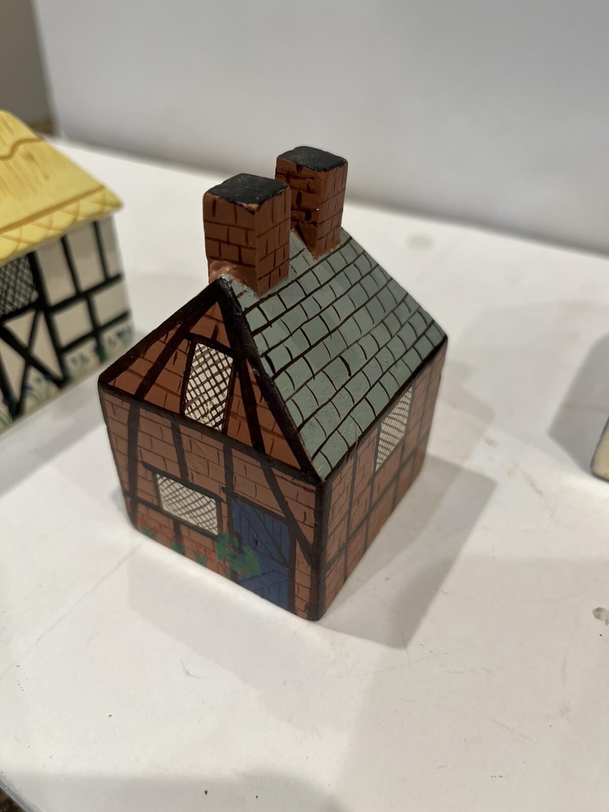 5pc Pier One Imports Handpainted Wood Block Miniature Houses Display Home Decor