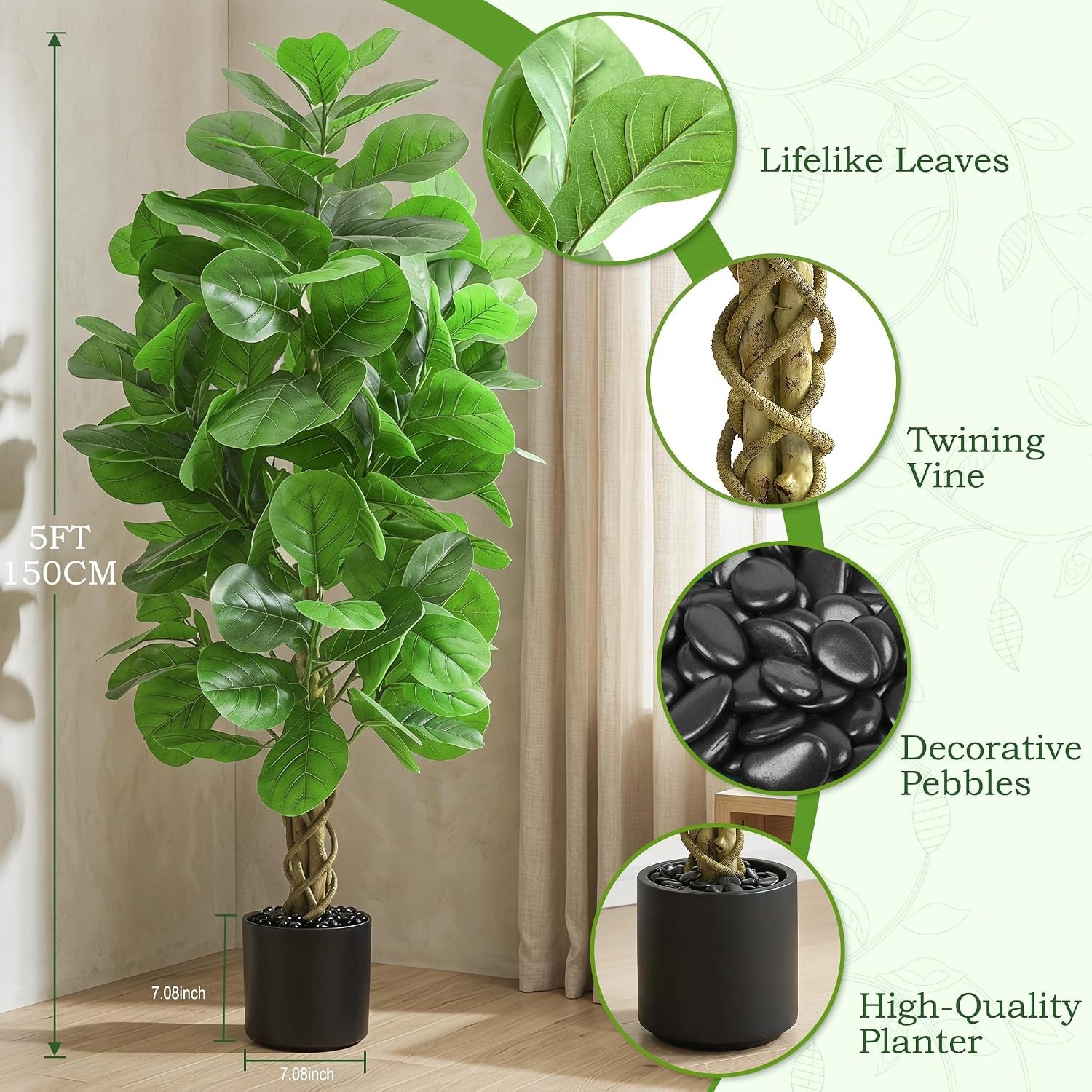 Artificial Fiddle Leaf Fig Tree 5FT Large Faux Plants Indoor | Tall Fake Ficus