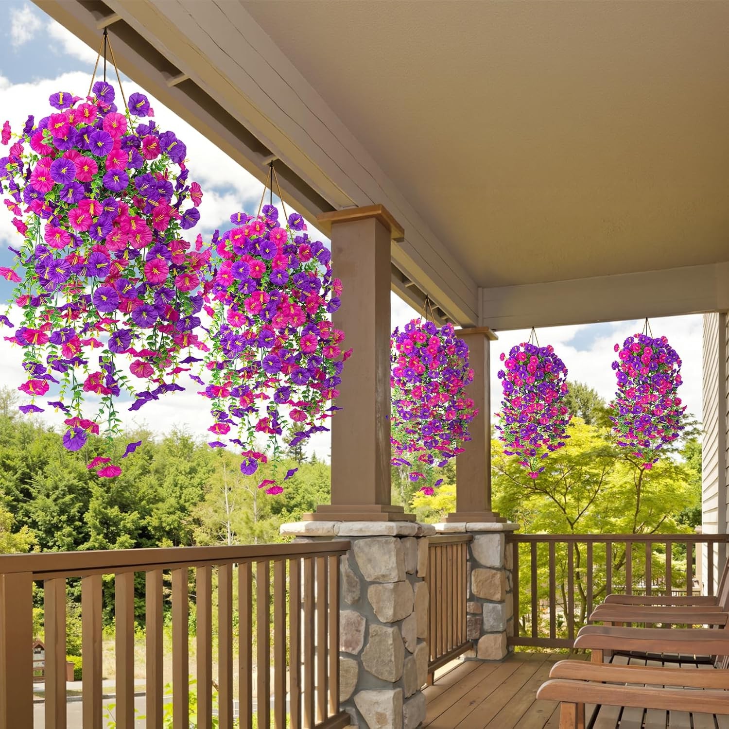Artificial Hanging Flowers for Outdoors, 2 Packs Fake Flowers Silk Morning Glory