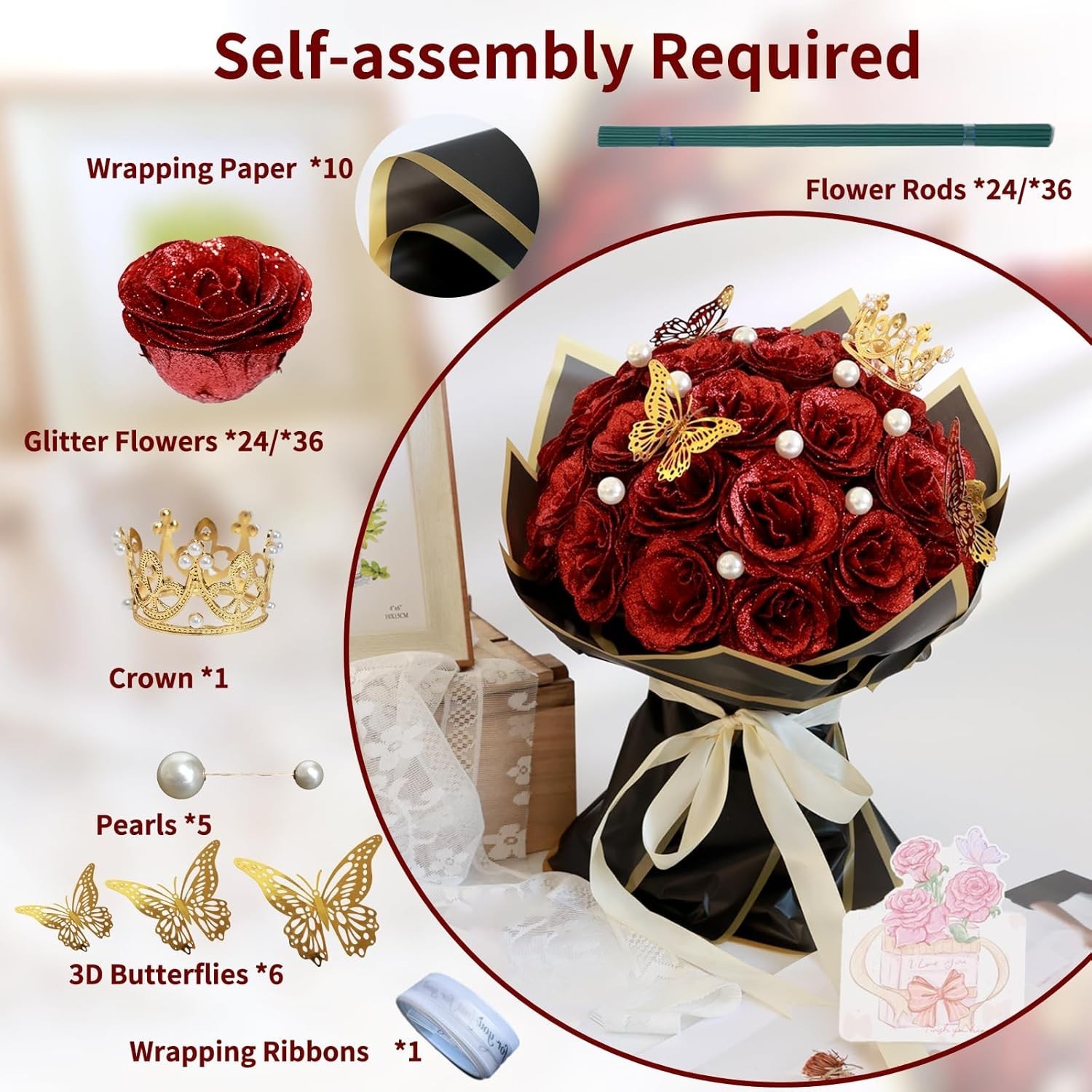 Red Glitter Roses Bouquet DIY Fake Flowers Bouquet Everlasting Shiny Artifici…