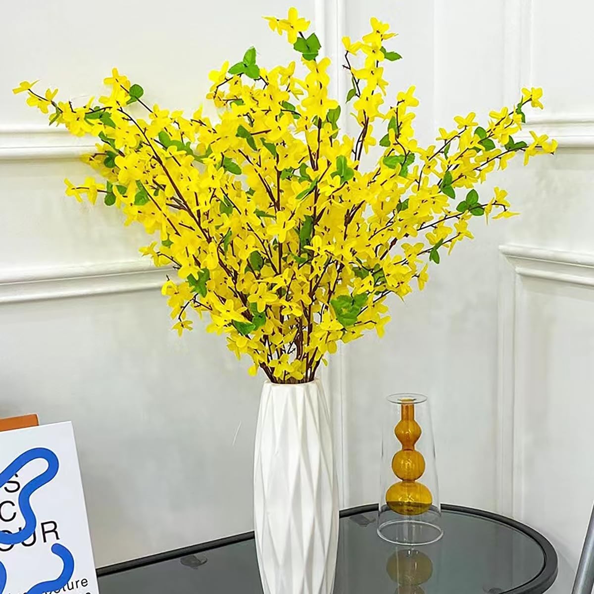 6Pcs Artificial Forsythia Flower Branches Spring Summer Yellow Silk Fake Wint…