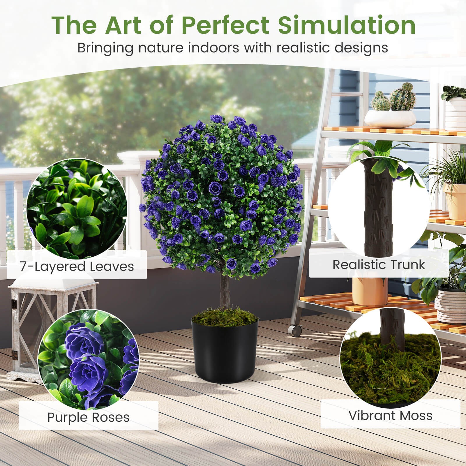 Set of 2 Artificial Purple Rose Topiary Ball Trees 22″ Faux Boxwood Ball Tree