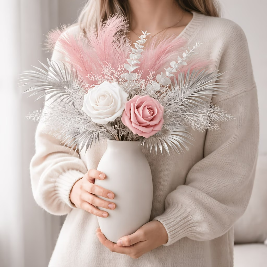 Pink and White Rose Artificial Flower Bouquet with Silvery Feather Decorations.