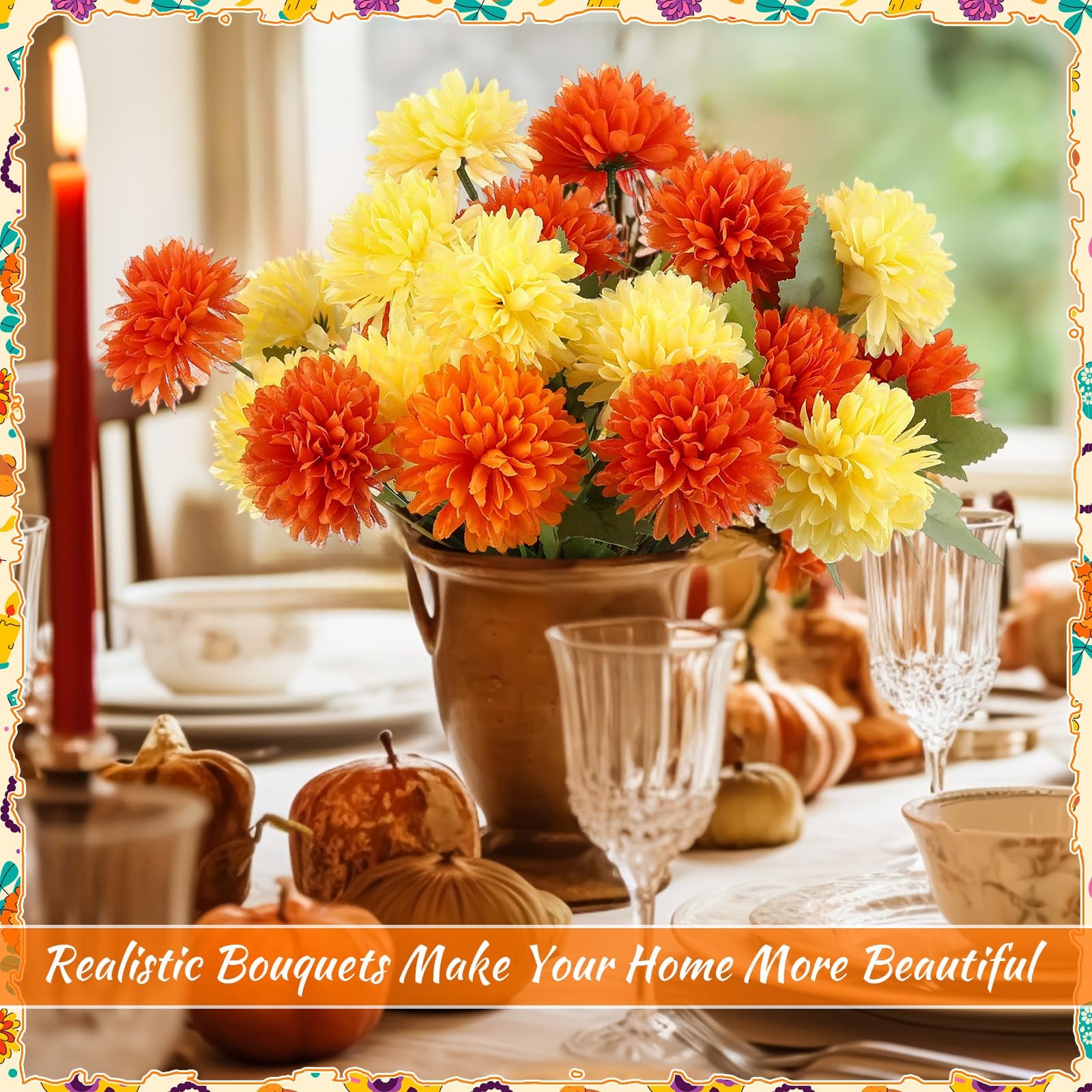 10 PCS Artificial Marigold Flower Faux Chrysanthemum Silk Bouquet Orange