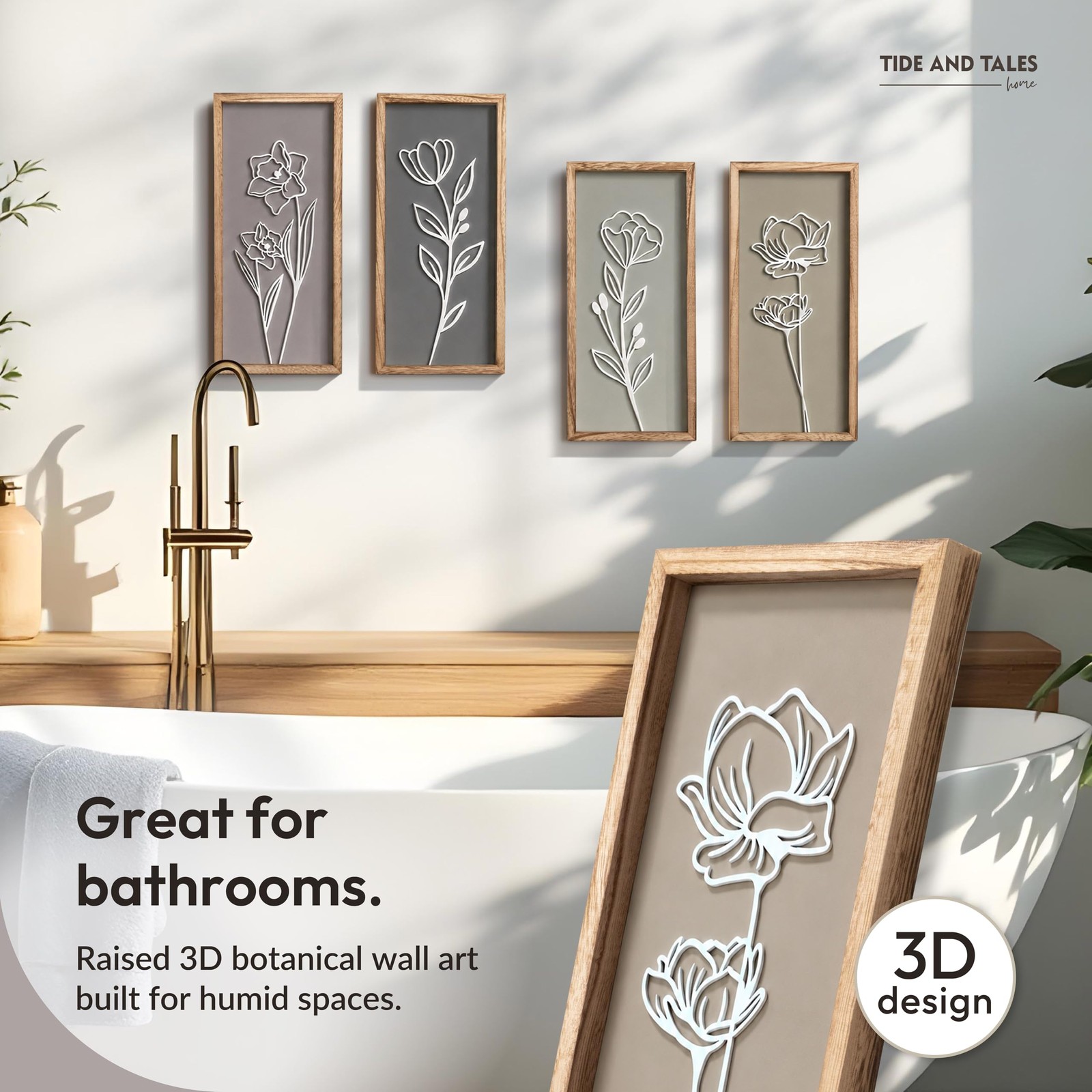 3D Wooden Floral Bathroom Wall Decor (Set of 4) 7″ x 16″, Naturals