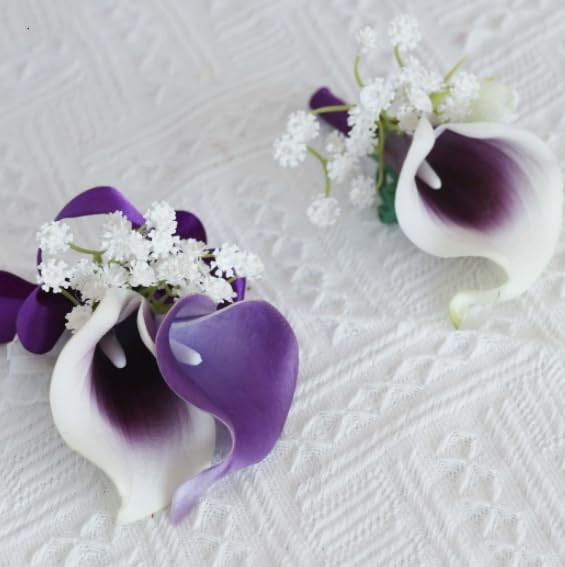 2 Set Purple Artificial Flower Calla Lily Flowers Corsage and Boutonniere for…