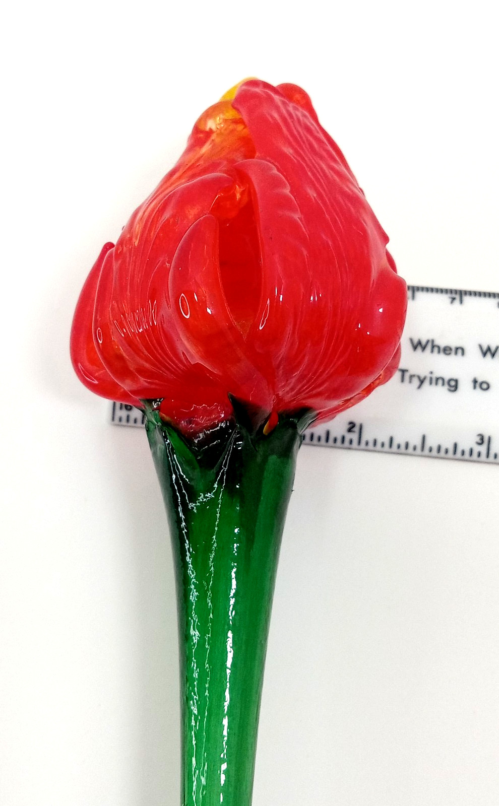 Vintage Blown Art Glass Long Stem Flower Red Bud Orange Center Ribbed Texture