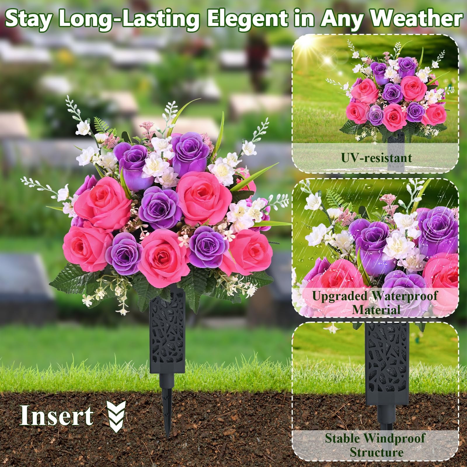 2 Sets Artificial Cemetery Flowers for Grave, Realistic Grave Flowers for Cem…