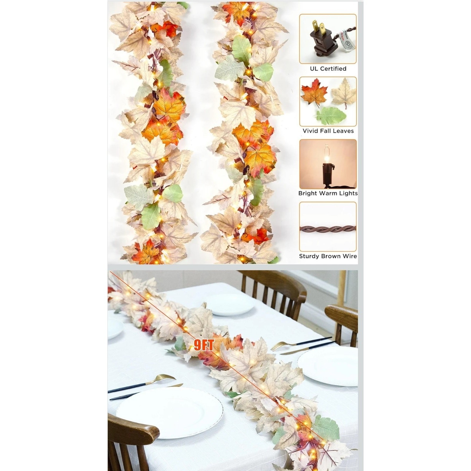 9ft Fall Decorations for Home Fall Garland with White Pumpkins Maple