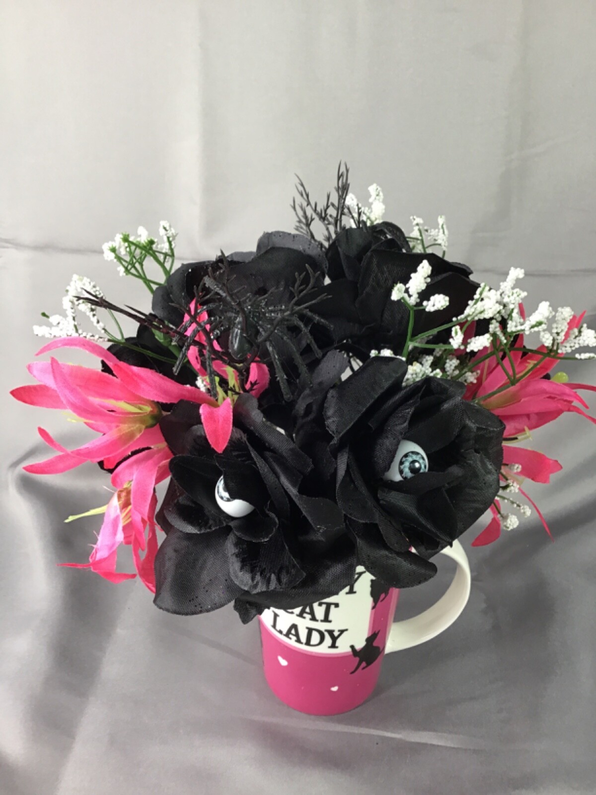 Crazy Cat Lady Pink Tall Coffee Mug Black Roses Eyeballs Flower Arrangement