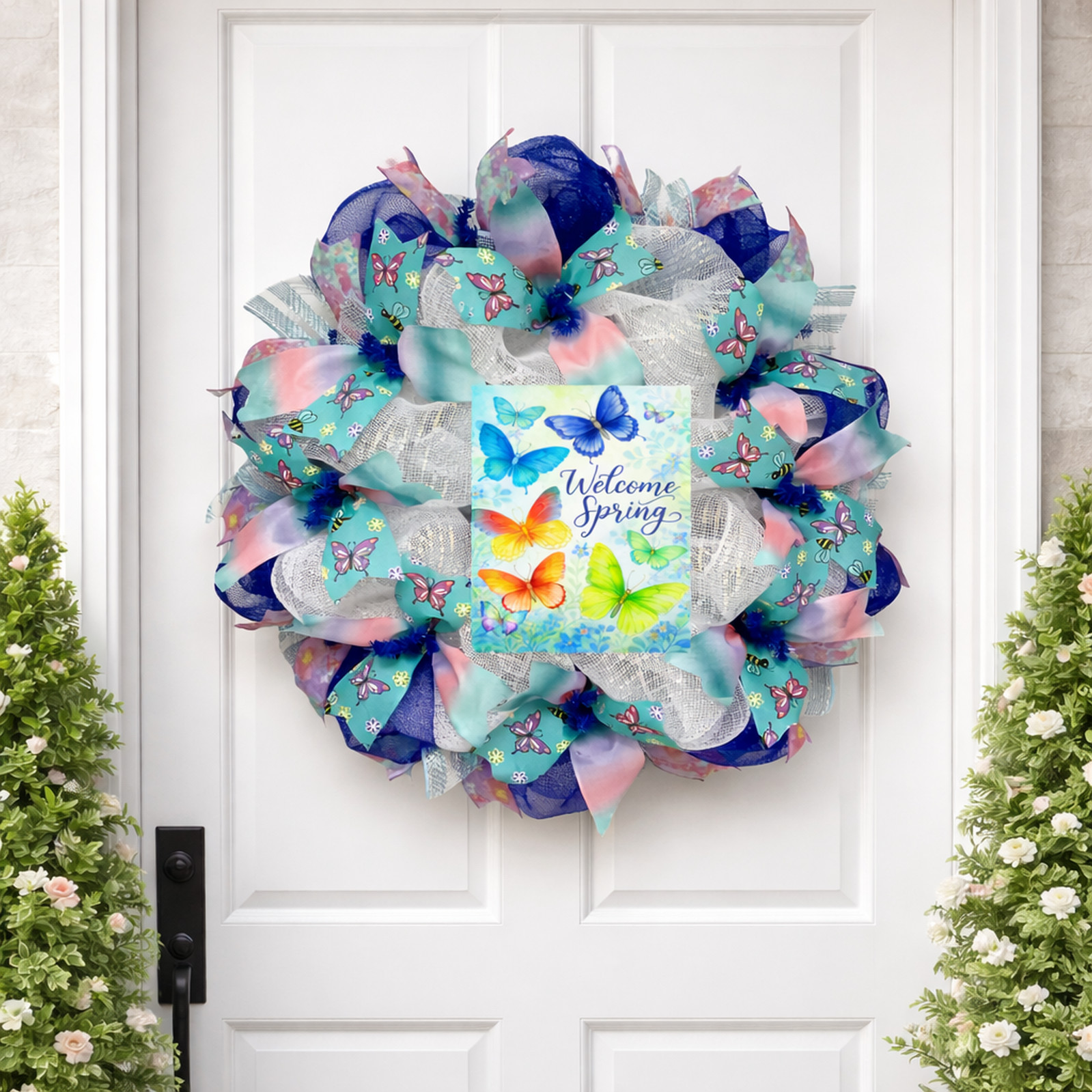 Welcome Spring Butterfly Wreath Handmade Deco Mesh Wreath