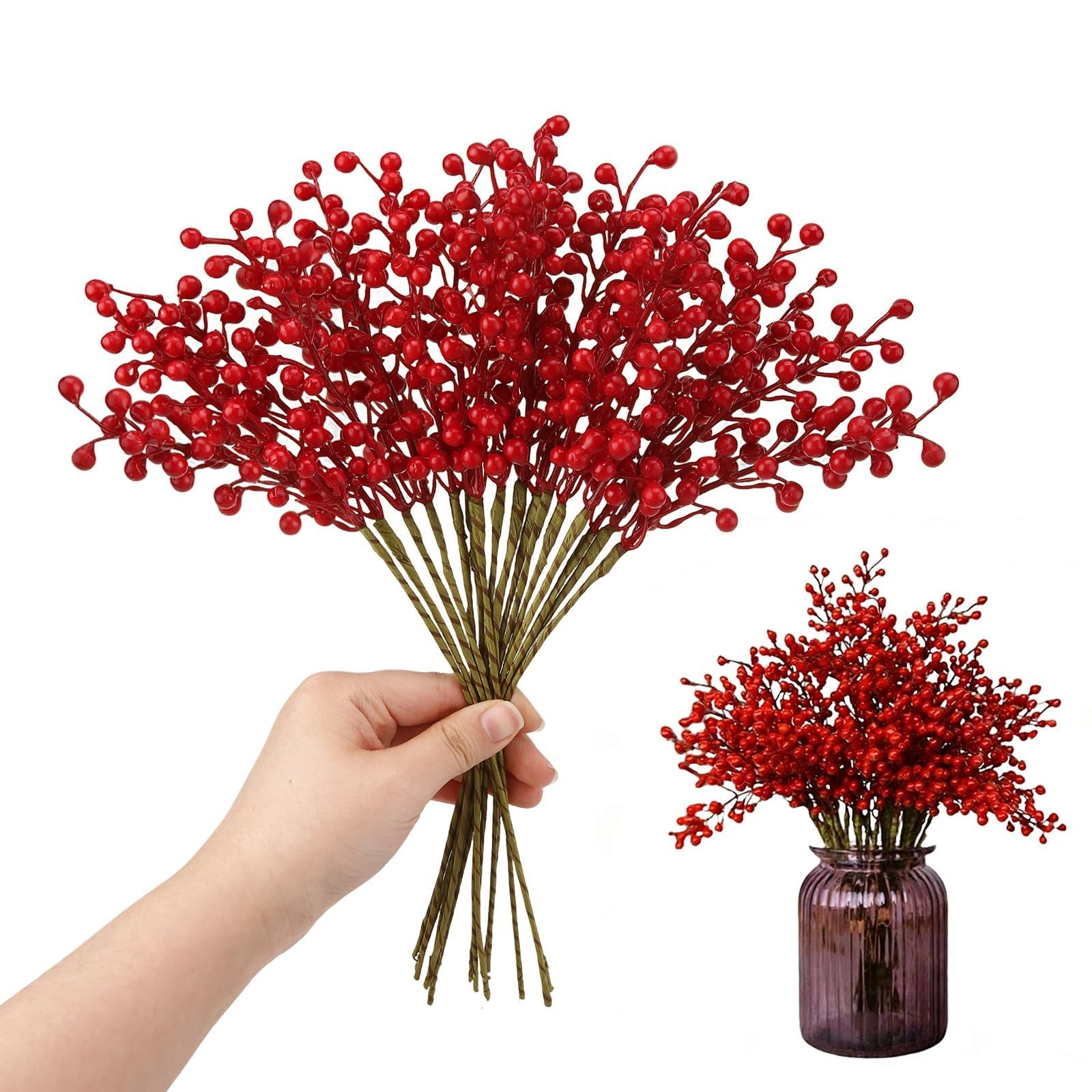 Artificial Red Berry 8 Pack Holly Red Christmas Berries Stems for Xmas Tree Deco