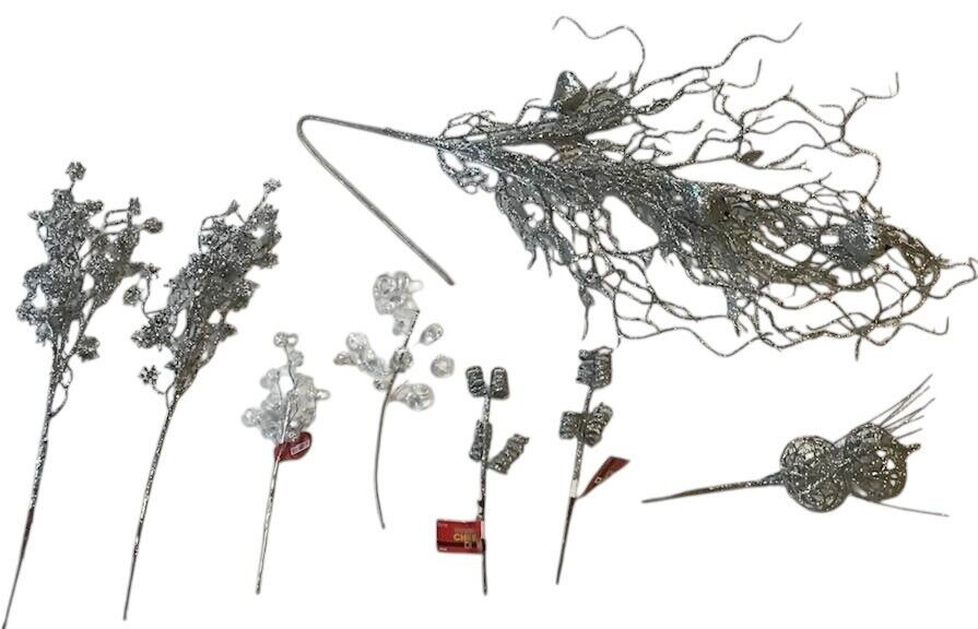 Assorted Silver Floral Stems Picks Birds Leaves Twirls Glitter Decor Crafts NEW