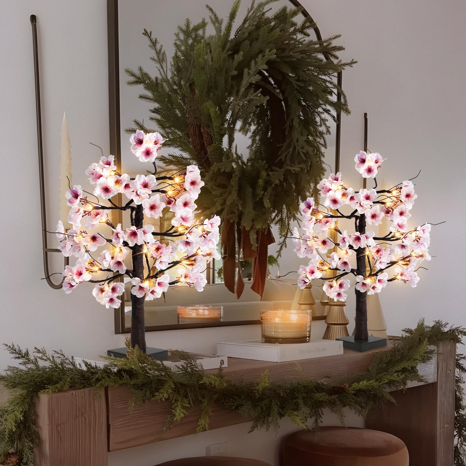 2 PCS 24 Inch Lighted Cherry Blossom Tree 48 Warm White LED Tabletop Bonsai