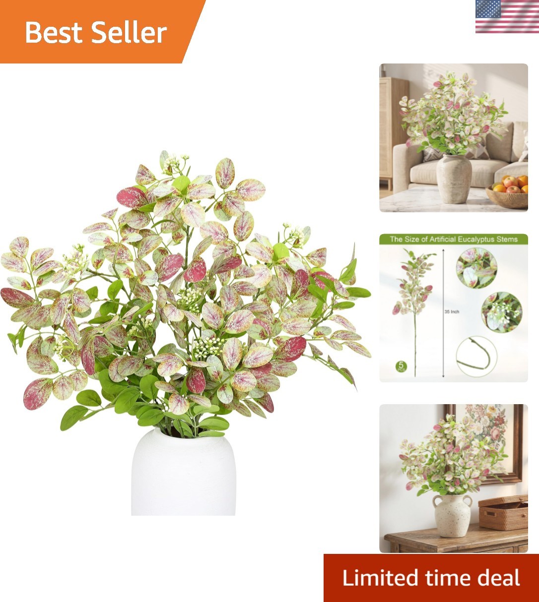 5PCS Artificial Eucalyptus Stems for Vase Pot – 35 Inch Fake Plants Faux Gree…