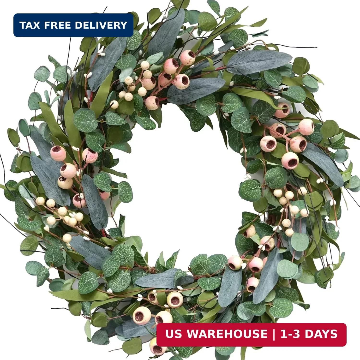 Large Green Eucalyptus Wreath (20 inches), Artificial with White Berries