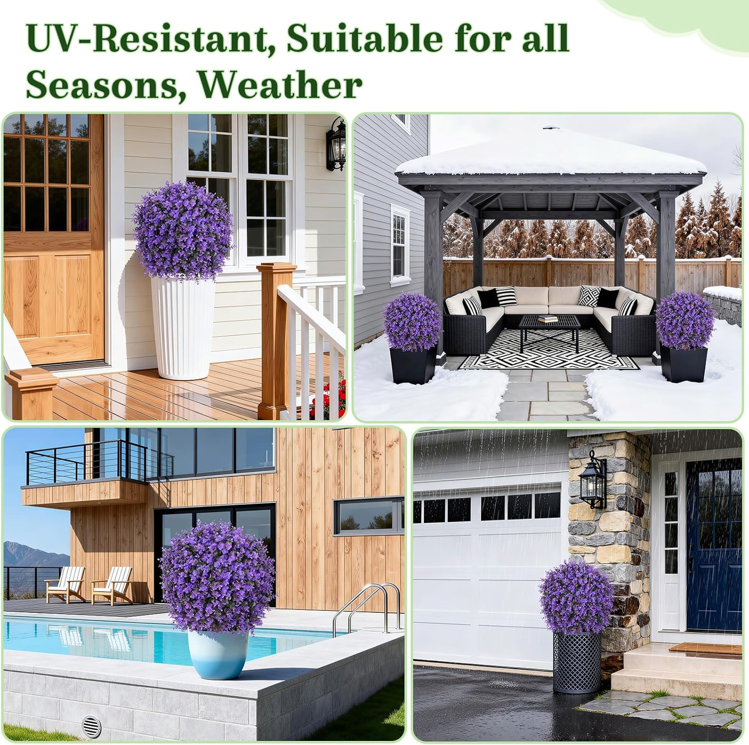 Set of 2 UV Resistant Purple Boxwood Topiary Balls in Black Pots, 26