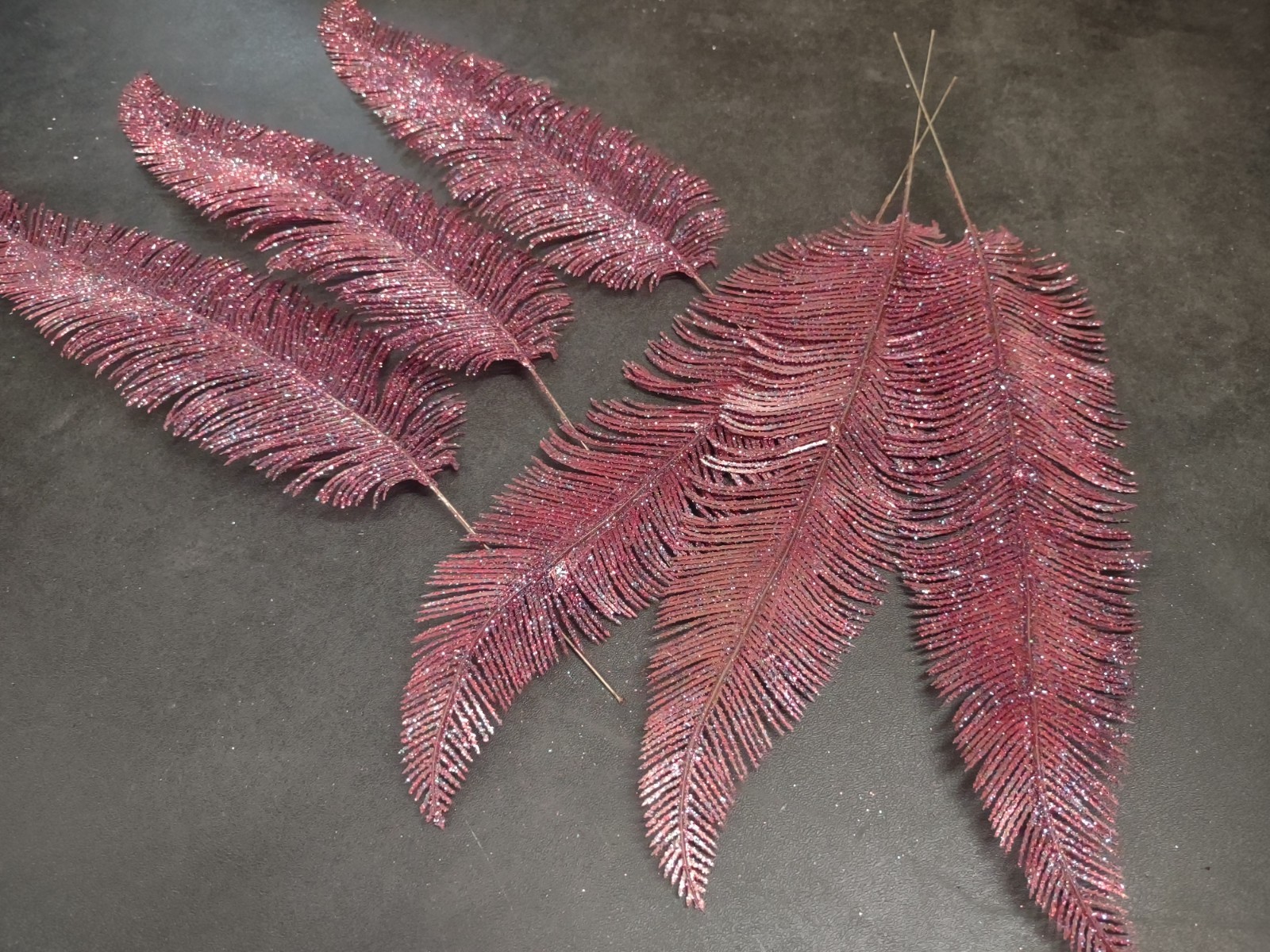 6 Pieces: Retro Plastic Feather Fern, Purple Red & Blue Glittered, Wired 15″