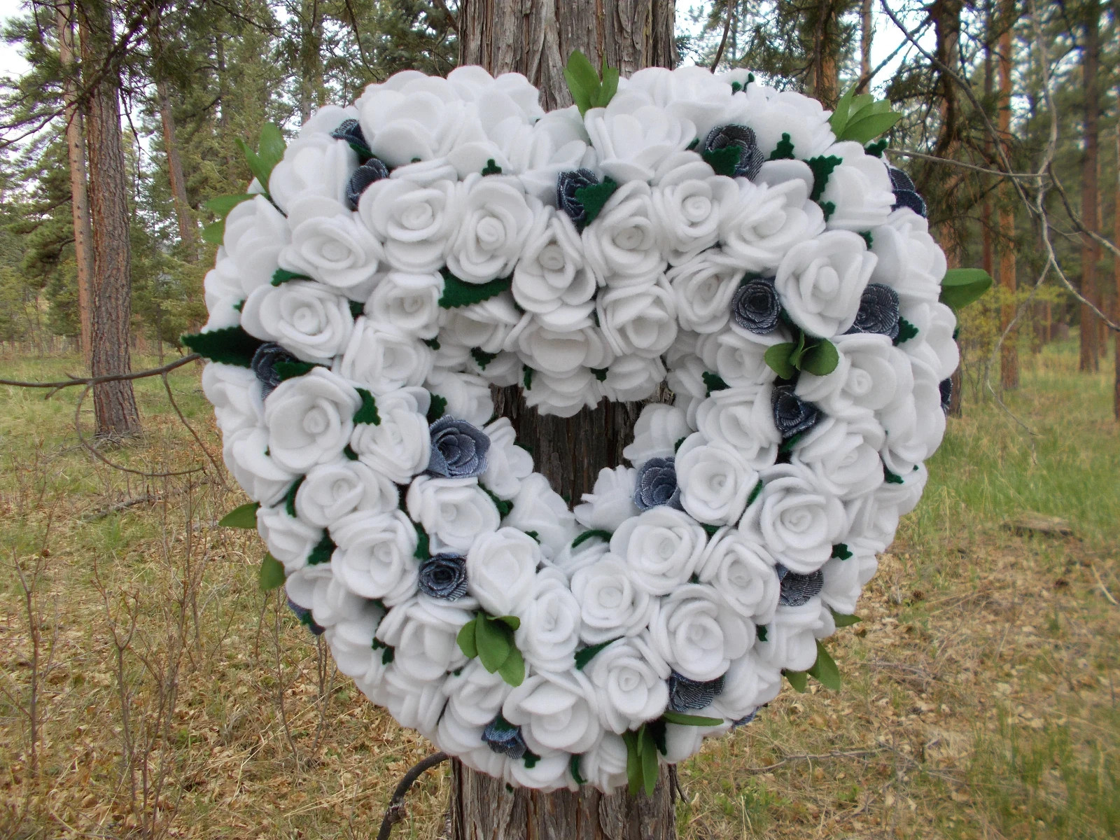 White Roses and Denim Roses Heart Shape Wall Hanging Country Barn Wedding Decor