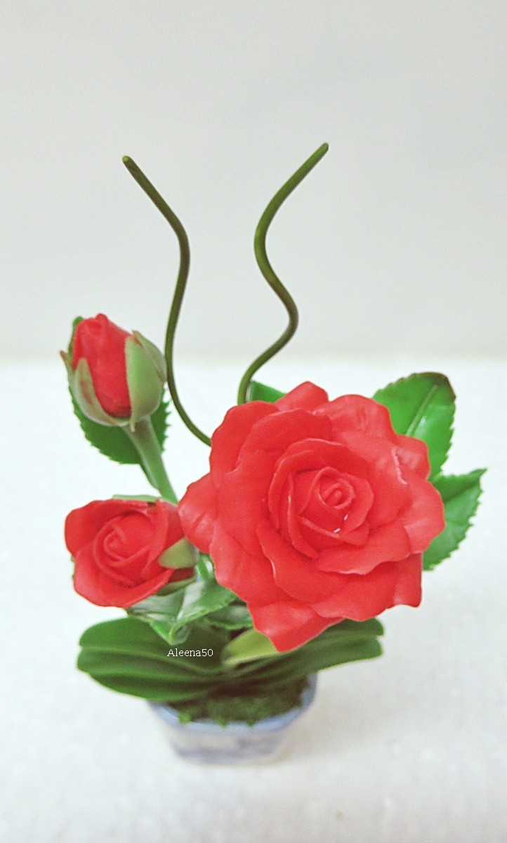 Us Stock 4’H Miniature Red Rose Polymer-Clay Flower Handmade Arranged-Potted